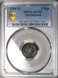 1866-B PCGS AU 55 Switzerland  1 Rappen Key Date Bern Coin POP 1/3 (26030501C)