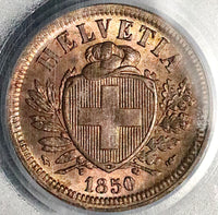 1850-A PCGS MS-65 RB Switzerland  2 Rappen Choice Red Brown Paris Mint Coin (25052503C)