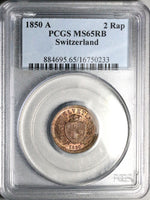 1850-A PCGS MS-65 RB Switzerland  2 Rappen Choice Red Brown Paris Mint Coin (25052503C)