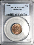 1850-A PCGS MS-65 RB Switzerland  2 Rappen Choice Red Brown Paris Mint Coin (25052503C)