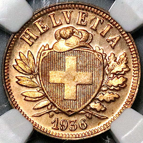 1936 NGC SP 65 RD Switzerland 2 Rappen RED Specimen GEM Coin POP 5/0 (24082601C)