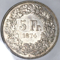 1874-B NGC AU 58 Switzerland 5 Francs Bern Mint Silver Coin (25051102C)