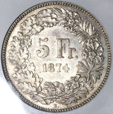 1874-B NGC AU 58 Switzerland 5 Francs Bern Mint Silver Coin (25051102C)