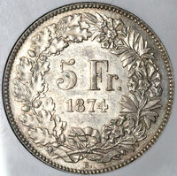 1874-B NGC AU 58 Switzerland 5 Francs Bern Mint Silver Coin (25051102C)