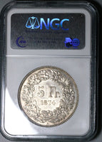 1874-B NGC AU 58 Switzerland 5 Francs Bern Mint Silver Coin (25051102C)