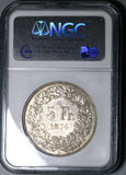 1874-B NGC AU 58 Switzerland 5 Francs Bern Mint Silver Coin (25051102C)