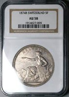 1874-B NGC AU 58 Switzerland 5 Francs Bern Mint Silver Coin (25051102C)