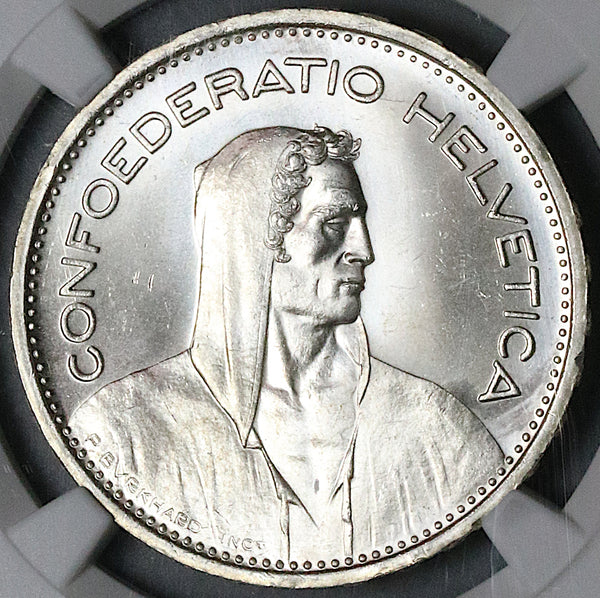 1952 NGC MS 65 Switzerland 5 Francs William Tell Swiss Key 155k Silver Coin (18041902D)