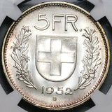 1952 NGC MS 65 Switzerland 5 Francs William Tell Swiss Key 155k Silver Coin (18041902D)