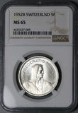 1952 NGC MS 65 Switzerland 5 Francs William Tell Swiss Key 155k Silver Coin (18041902D)