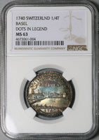 1740 NGC MS 63 Basel 1/4 Thaler Dragon City View Swiss Canton Silver Coin (23050302D)