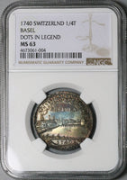 1740 NGC MS 63 Basel 1/4 Thaler Dragon City View Swiss Canton Silver Coin (23050302D)