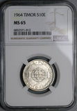 1964 NGC MS 65 Timor 10 Escudos Portugal Colony Gem Silver Coin (23101503C)