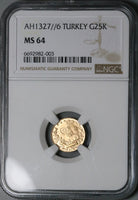 1914 NGC MS 64 Turkey Gold 25 Kurush 1327/6 Ottoman Empire 73k Coin POP 1/0 (24102801D)