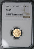 1914 NGC MS 64 Turkey Gold 25 Kurush 1327/6 Ottoman Empire 73k Coin POP 1/0 (24102801D)