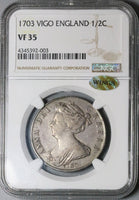 1703 NGC VF 35 Anne Vigo 1/2 Crown WINGS Great Britain England Spanish Treasure Silver Coin (24053101C)