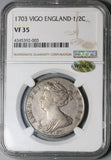 1703 NGC VF 35 Anne Vigo 1/2 Crown WINGS Great Britain England Spanish Treasure Silver Coin (24053101C)