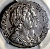 1694 PCGS AU 55 William Mary 1/2 Penny Great Britain England Colonial Copper Coin (26082902C)