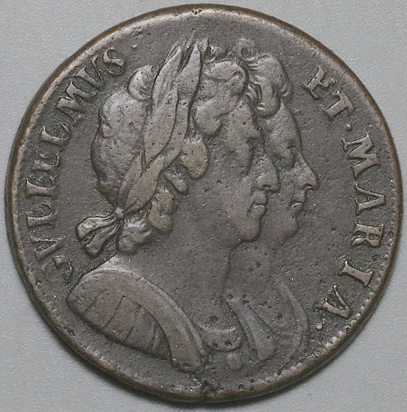 1694 William Mary 1/2 Penny VF Great Britain Colonial Coin (25112202R)