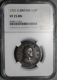 1721 NGC VF 25 Half 1/2 Penny George I Great Britain Colonial Copper Coin (26072201C)