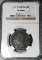 1743 NGC VF 20 George II 1/2 Penny Great Britain Colonial Copper Coin (25021205C)