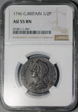 1746 NGC AU 55 Half 1/2 Penny George II Great Britain Colonial Copper Coin (26072204C)