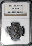 1753 NGC AU 50 1/2 Penny George II Great Britain Copper Coin (26052402C)