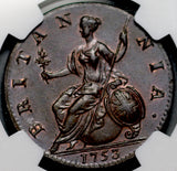 1753 NGC AU 58 1/2 Penny George II Great Britain Colonial Copper Coin (26072101C)