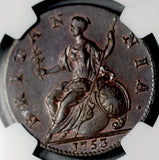 1753 NGC AU 58 1/2 Penny George II Great Britain Colonial Copper Coin (26072101C)