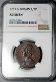 1753 NGC AU 58 1/2 Penny George II Great Britain Colonial Copper Coin (26072101C)