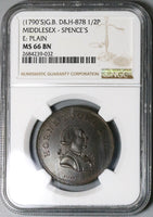 1790s NGC MS 66 Spence Tooke 1/2 Penny Conder Middlesex Token Coin DH 878 POP 1/0 (16072102D)