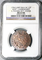 1794 NGC MS 63 Hops Lamberhurst Kent Conder 1/2 Penny DH 34 POP 1/1 (23060204C)