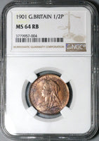 1901 NGC MS 64 RB 1/2 Penny Victoria Great Britain Bronze Coin (24041701C)
