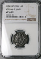 1694 NGC VF 30 William Mary Farthing 1/4 Penny England Britain Coin (23091701C)