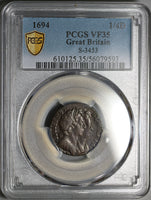 1694 PCGS VF 35 William Mary Farthing 1/4 Penny England Britain Coin (25072601C)