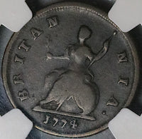 1774 NGC F 12 George III Farthing 1/4 Penny Great Britain Colonial Coin (24041702C)