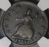 1774 NGC F 12 George III Farthing 1/4 Penny Great Britain Colonial Coin (24041702C)