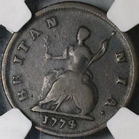 1774 NGC F 12 George III Farthing 1/4 Penny Great Britain Colonial Coin (24041702C)