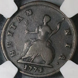 1774 NGC F 12 George III Farthing 1/4 Penny Great Britain Colonial Coin (24041702C)