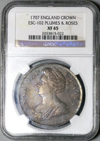 1707 NGC XF 45  Anne Crown Great Britain Plumes Roses London Silver Coin (25080701D)