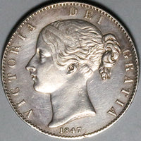 1847 Victoria Crown Great Britain AU 5 Shillings Young Head Silver Coin (23050401R)