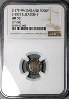 1578 NGC AU 58 Elizabeth I Penny Britain England Silver Coin POP 1/0 (23061001C)