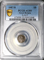 1687/8 PCGS AU 55 James II Penny Date Error Great Britain Rare Silver Coin (25011201C)