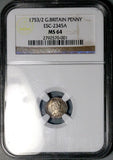 1753/2 NGC MS 64 George II Penny Great Britain Rare Overdate Silver Coin POP 1/1 (26073102C)