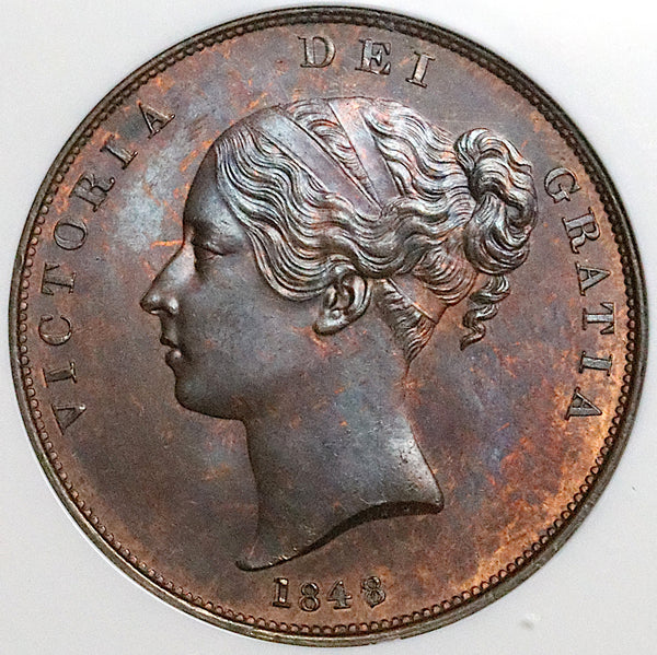 1848/7 NGC MS 65 Victoria Penny Great Britain Overdate Copper Coin Vintage Holder POP 3/1 (25042401C)