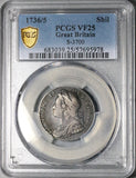 1736/5 PCGS VF 25 George II Shilling Great Britain Rare Overdate Plumes Roses Silver Coin POP 1/0 (26020302C)