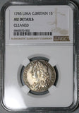 1745 NGC AU George II Shilling Great Britain Spain Lima Treasure Silver Coin (23112602D)