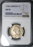 1758 NGC AU 55 George II Shilling Great Britain Silver Coin (24063001C)