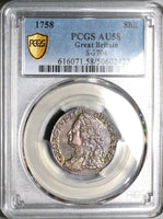 1758 PCGS AU 58 George II Shilling Great Britain England Colonial Silver Coin (24111101D)