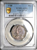 1758 PCGS AU 58 George II Shilling Great Britain England Colonial Silver Coin (24111101D)